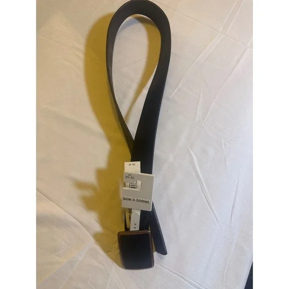 SUN + STONE Mens Black Leather Belt Copper Tone Buckle, Size S (30-32), NWT - Picture 5 of 6